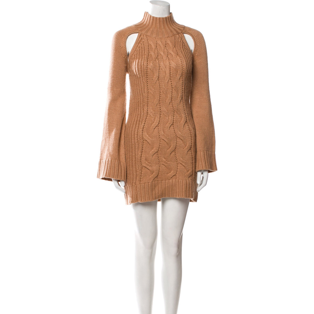 Tularosa Tan Cable Knit Cold Shoulder Turtleneck Sweater Tunic Mini Dress XS
